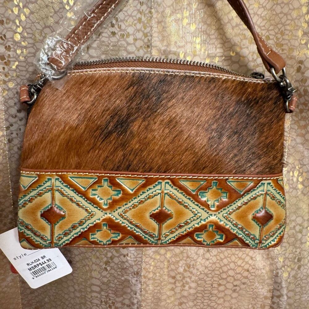 Montana West Brown Hair-On Cowhide Leather Clutch/Crossbody Purse NWT